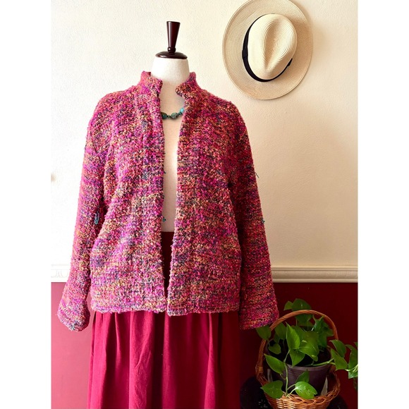 Chico's Design Jackets & Blazers - Vintage Chico's Pink Colorful Boucle Knit Open Front Jacket 2 Artsy 90s Bohemian